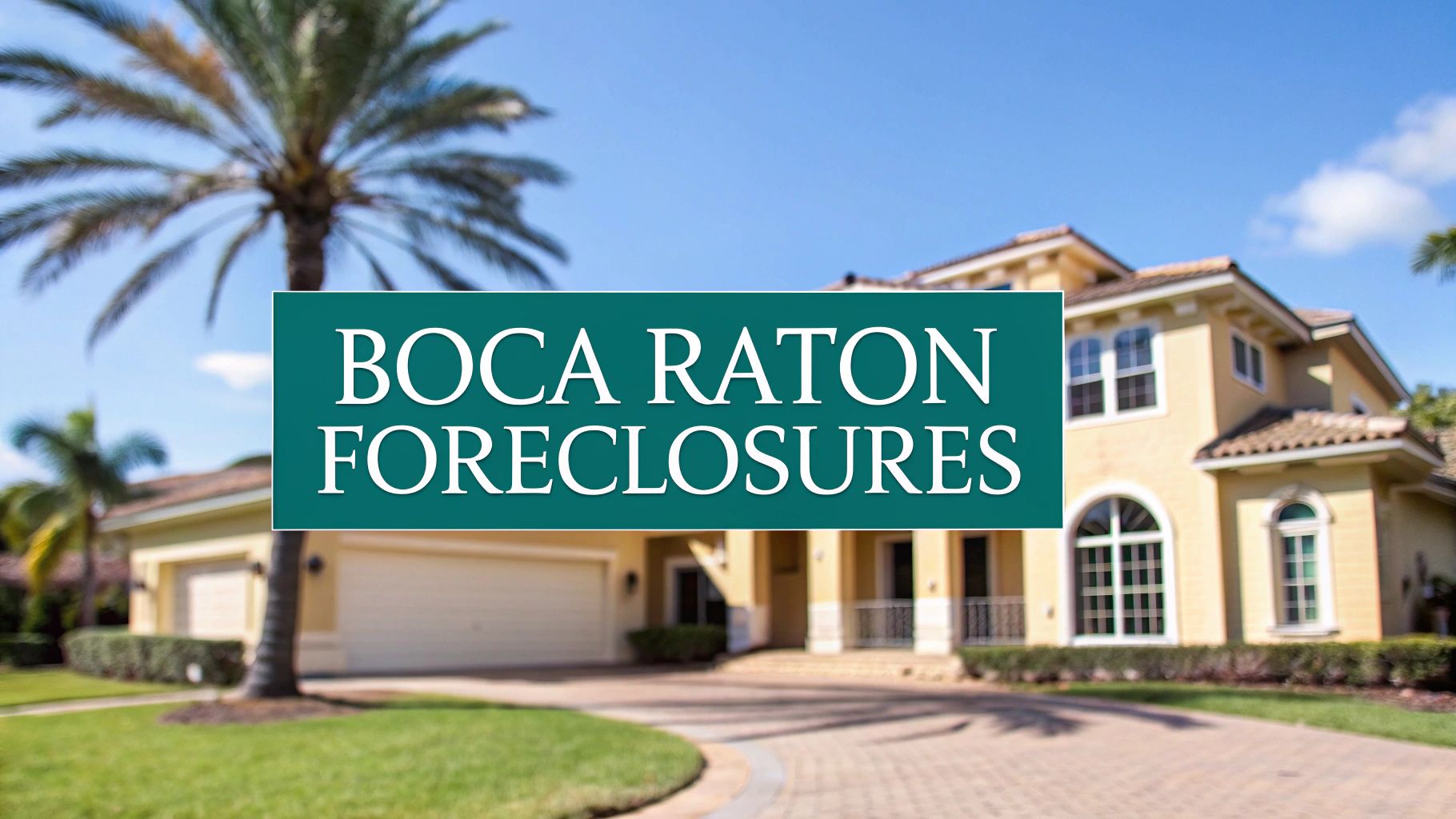 A large sign reading "Boca Raton Foreclosures" is overlaid on an image of a yellow two-story house with palm trees, a driveway, and a clear blue sky in the background.