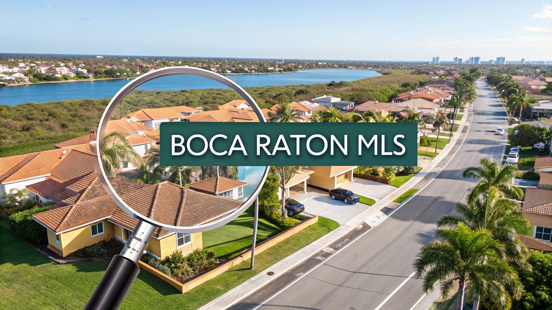 Aerial view of a suburban neighborhood with palm trees, houses, and a waterway. A magnifying glass highlights the words "BOCA RATON MLS" in bold text across the image.