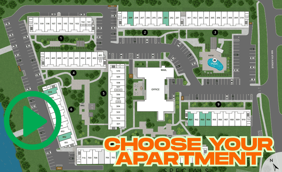 A map of Cynthia Gardens, showcasing numbered buildings, parking areas, a central pool, mail and office buildings, and labeled sections—perfect for those seeking Boca Raton apartments. At the bottom: “CHOOSE YOUR APARTMENT” with a large green play button.