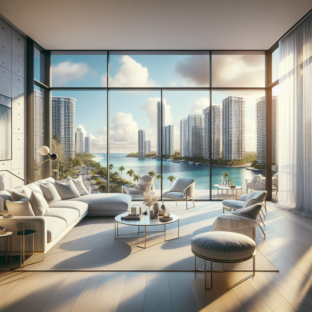 A modern, elegant living room with large floor-to-ceiling windows offers a stunning view of a city skyline, high-rise buildings, palm trees, and a waterfront under a bright, partly cloudy sky.
