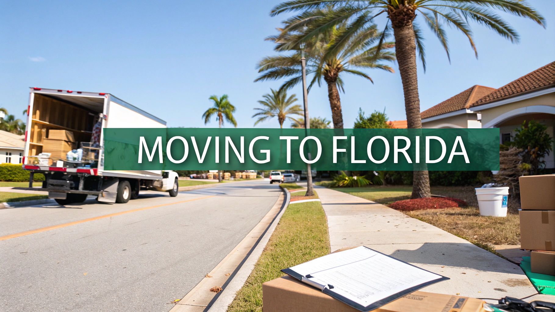 A moving truck is parked on a sunny residential street lined with palm trees. Cardboard boxes and a clipboard are on the sidewalk, with the text “MOVING TO FLORIDA” overlaid across the scene.