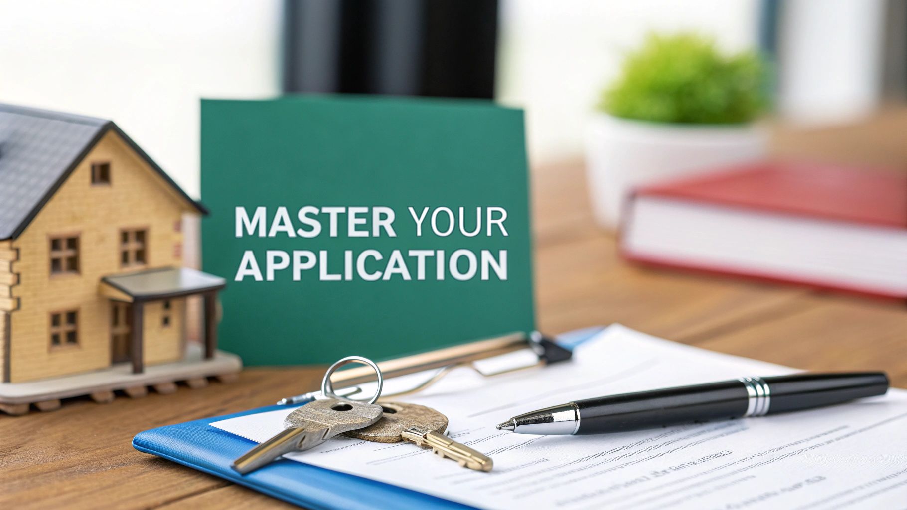 A clipboard with paperwork, pen, and house keys sits on a table. Behind them is a small model house and a green card that reads "MASTER YOUR APPLICATION." A blurred plant and book are in the background.