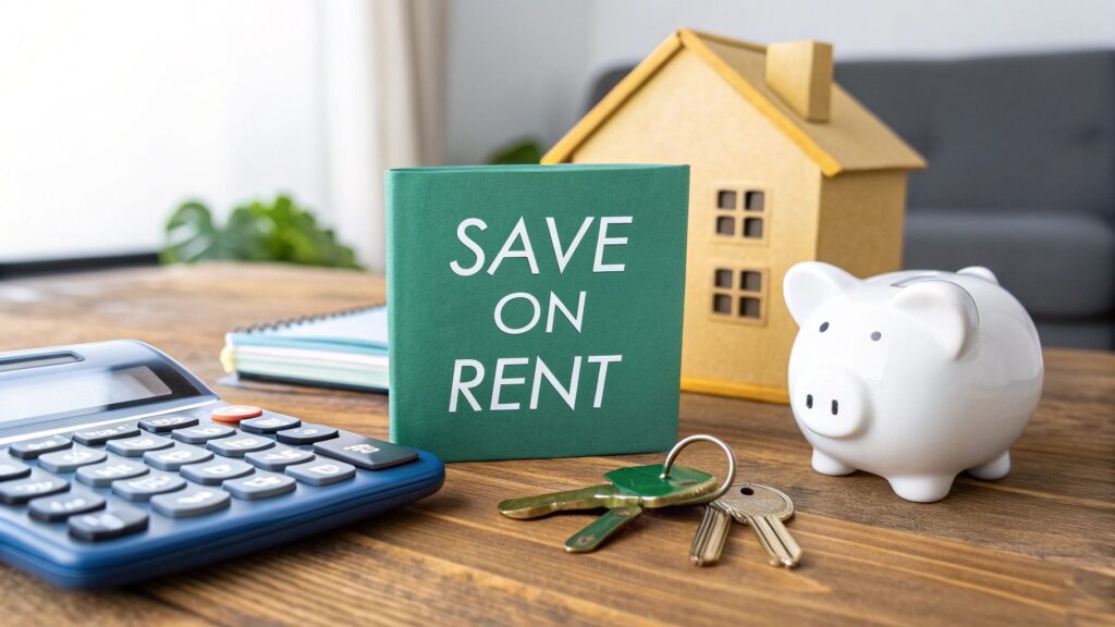 A green booklet with "SAVE ON RENT" text sits on a wooden table next to a calculator, notebooks, house keys, a white piggy bank, and a small model house.