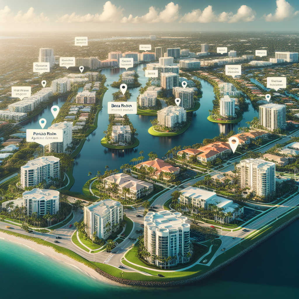 Aerial view of a coastal city with modern buildings and waterways, featuring labeled locations and map pins identifying various places of interest, under a partly cloudy sky.