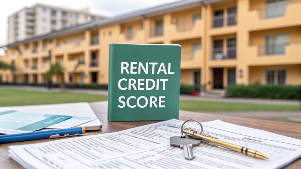 A booklet titled "Rental Credit Score" stands on a table with paperwork, a pen, and keys, set against the background of a yellow apartment building.