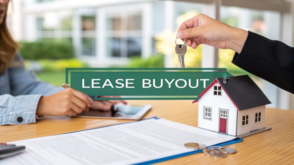 A hand holds keys above a small model house on a desk with documents, keys, and a pen, while another person writes; the words "LEASE BUYOUT" are displayed across the image.