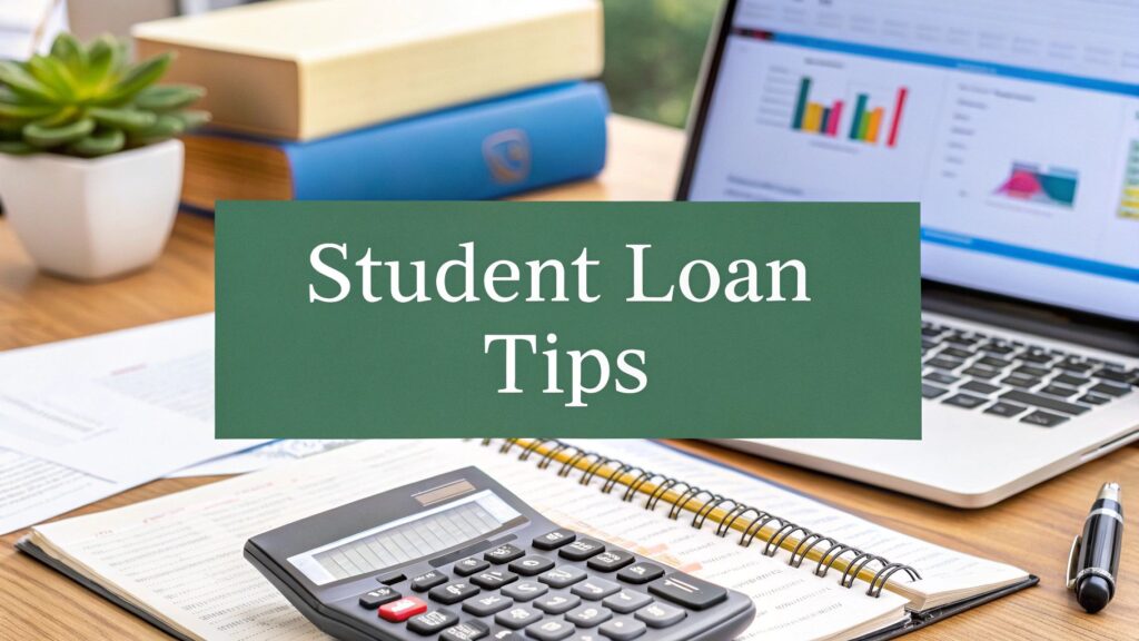 A desk with a calculator, notebook, laptop displaying charts, books, a document, and a small plant. Text in the center reads “Student Loan Tips.”.