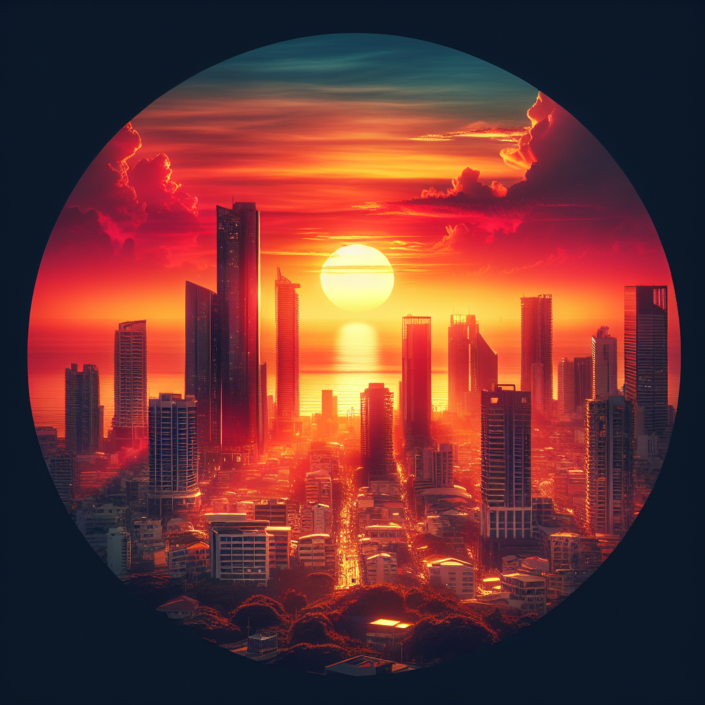 A vibrant city skyline at sunset, viewed through a circular frame, with tall skyscrapers silhouetted against a dramatic orange and red sky and the sun setting over the horizon.