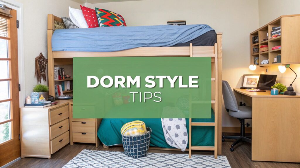 A neatly organized dorm room with a lofted bed, drawers, and a desk area. A basket with blankets sits under the bed. Text overlay reads “DORM STYLE TIPS.”.