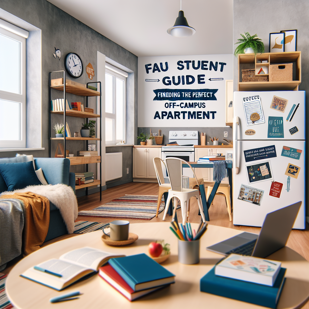 A bright student apartment with a kitchen, study area, and lounge. A sign on the wall reads, "FAU Student Guide: Finding the Perfect Off-Campus Apartment." Books, a laptop, and decor create a cozy, organized atmosphere.