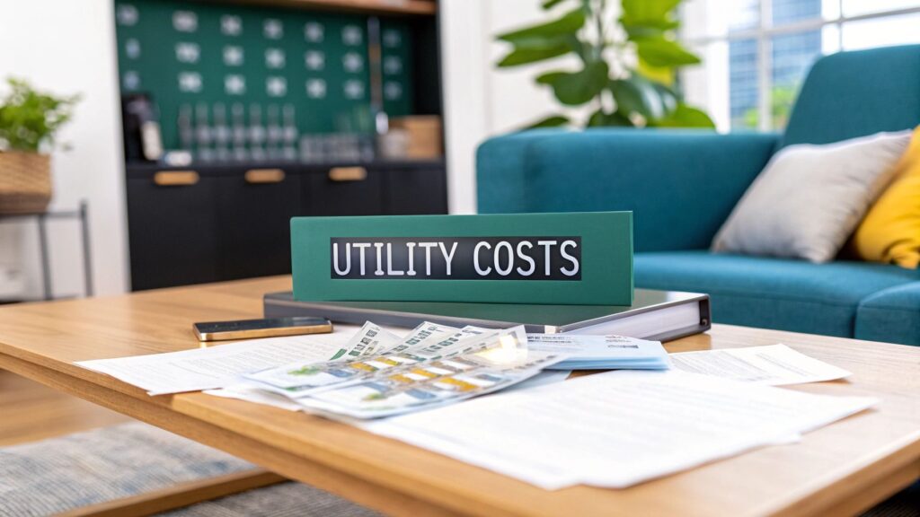 A binder labeled "UTILITY COSTS" sits on a coffee table, surrounded by scattered documents, U.S. dollar bills, and a pen, with a modern living room in the background.