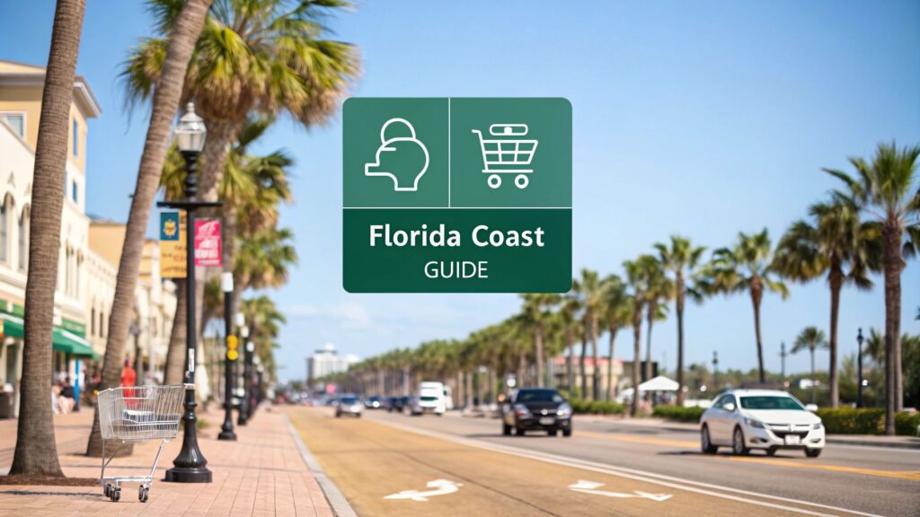Palm tree-lined Florida coastal road with parked cars, a shopping cart on the sidewalk, and a green sign reading "Florida Coast Guide" with shopping and profile icons in the center of the image.