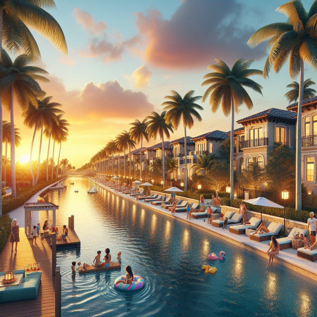A long pool lined with palm trees and lounge chairs at sunset, with people swimming, relaxing, and socializing. Elegant resort buildings border the scene, creating a lively, tropical vacation atmosphere.