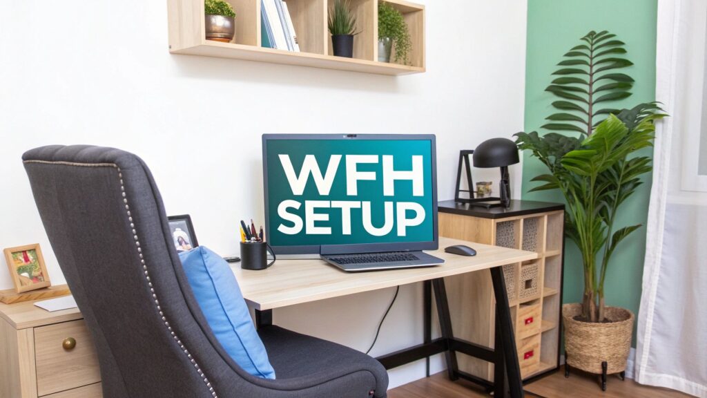 A home office with a desk, computer monitor displaying "WFH SETUP," a chair with a blue pillow, plants, shelves, and various office supplies, creating a tidy and modern workspace.