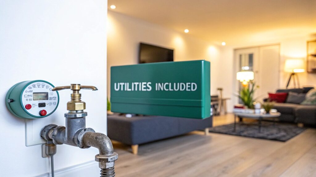 A water meter attached to a wall in a modern living room, with a couch, TV, plants, and a sign reading "UTILITIES INCLUDED" in the background. The scene is well-lit and cozy.