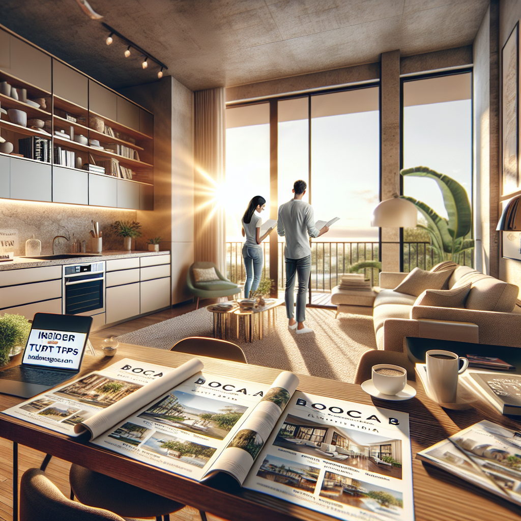 A modern apartment with sunlight streaming through large windows. A couple stands near the balcony, holding papers. The open-plan space features a kitchen, cozy living area, and a table with magazines, coffee, and a laptop.