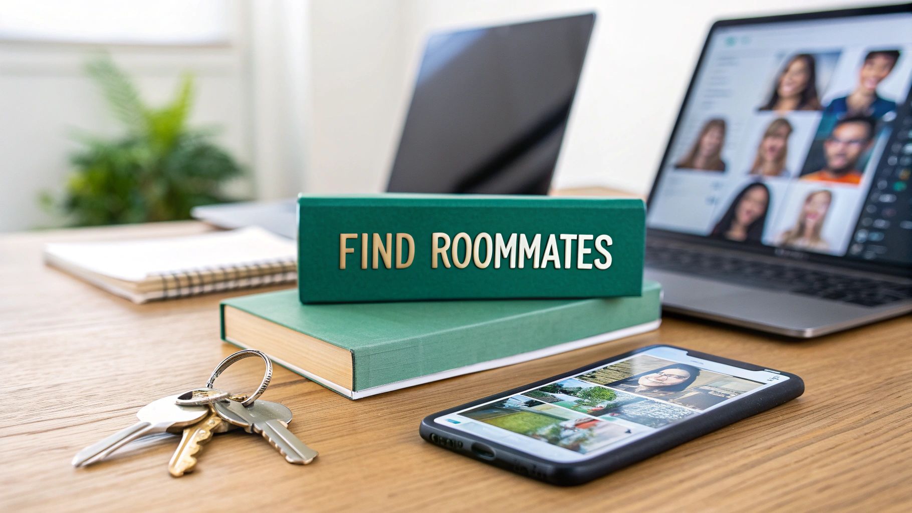 A desk with a book labeled "FIND ROOMMATES," a set of keys, an open laptop displaying profile photos, a notebook, and a smartphone showing a roommate search app.