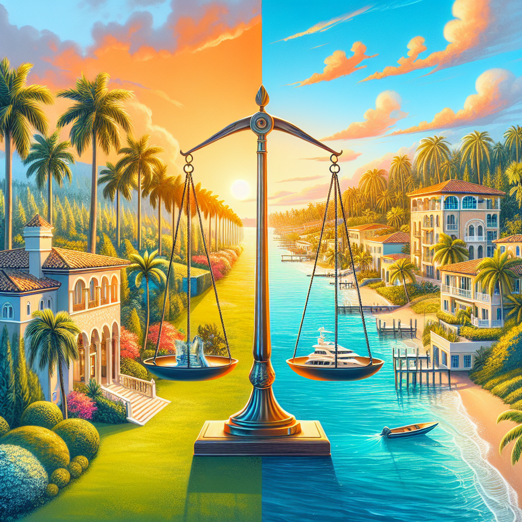 A golden balance scale stands between two luxurious waterfront estates, one side holding a cat and the other a yacht, under a vibrant sky with palm trees and mansions lining the water on both sides.