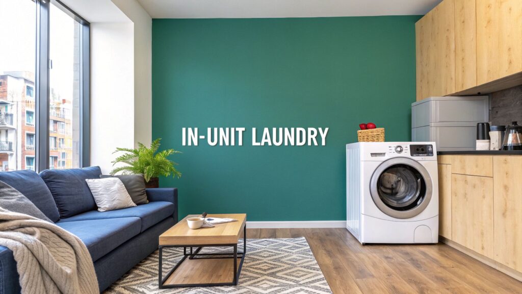 Modern apartment living room with green accent wall labeled "IN-UNIT LAUNDRY," featuring a washing machine, wooden cabinets, a blue sofa, coffee table, and large window with city view.