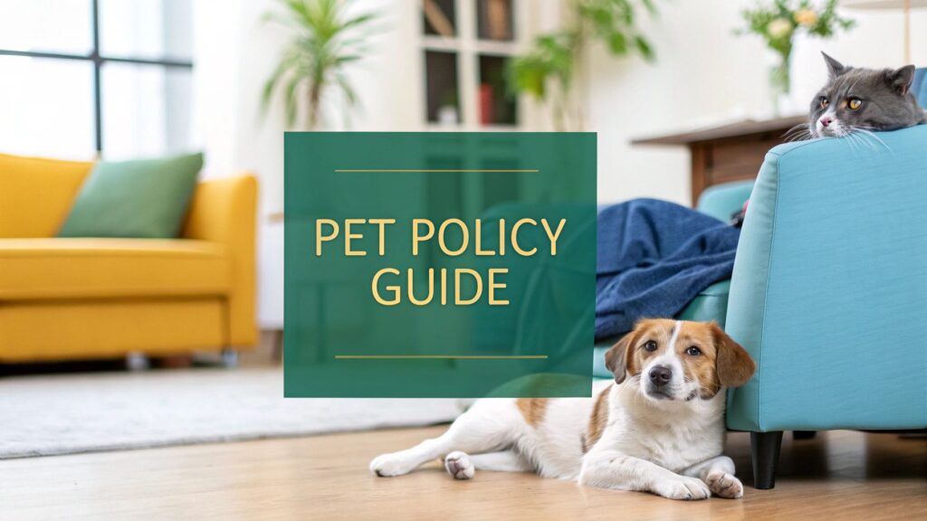 A dog lies on the floor beside a teal couch where a gray cat sits, with "Pet Policy Guide" text in the center. The background shows a bright living room with a yellow sofa and green plants.