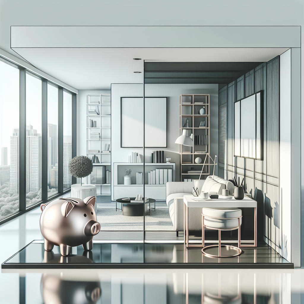 A modern, minimalist office with floor-to-ceiling windows, a sofa, bookshelves, and a large pink piggy bank on a glass surface in the foreground. Cityscape views are visible outside.