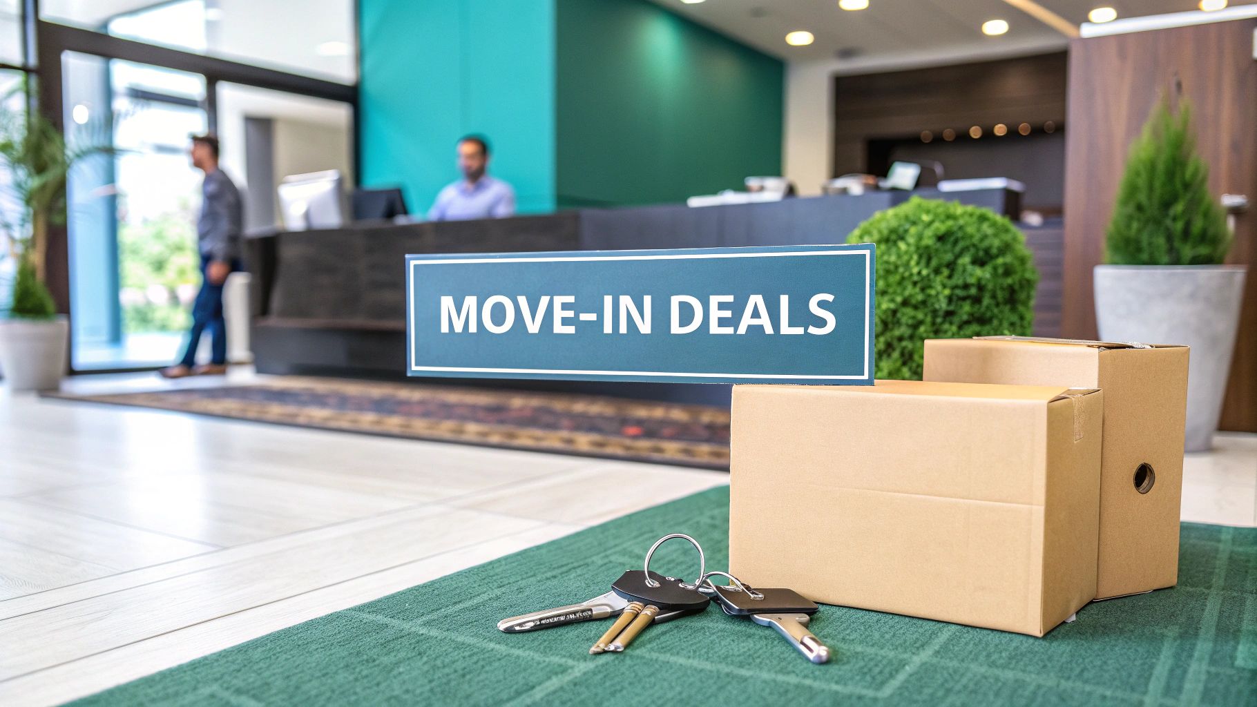 A cardboard box and a set of keys on a mat in the lobby of a building, with a "MOVE-IN DEALS" sign in focus. A receptionist and a man are visible in the background near the front desk.