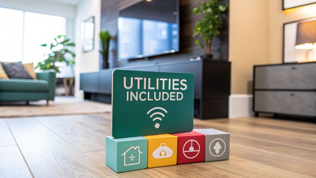 A sign reading "UTILITIES INCLUDED" sits on colorful blocks with icons for home, electricity, water, and internet in a bright, modern living room with a TV, sofa, plants, and large windows.