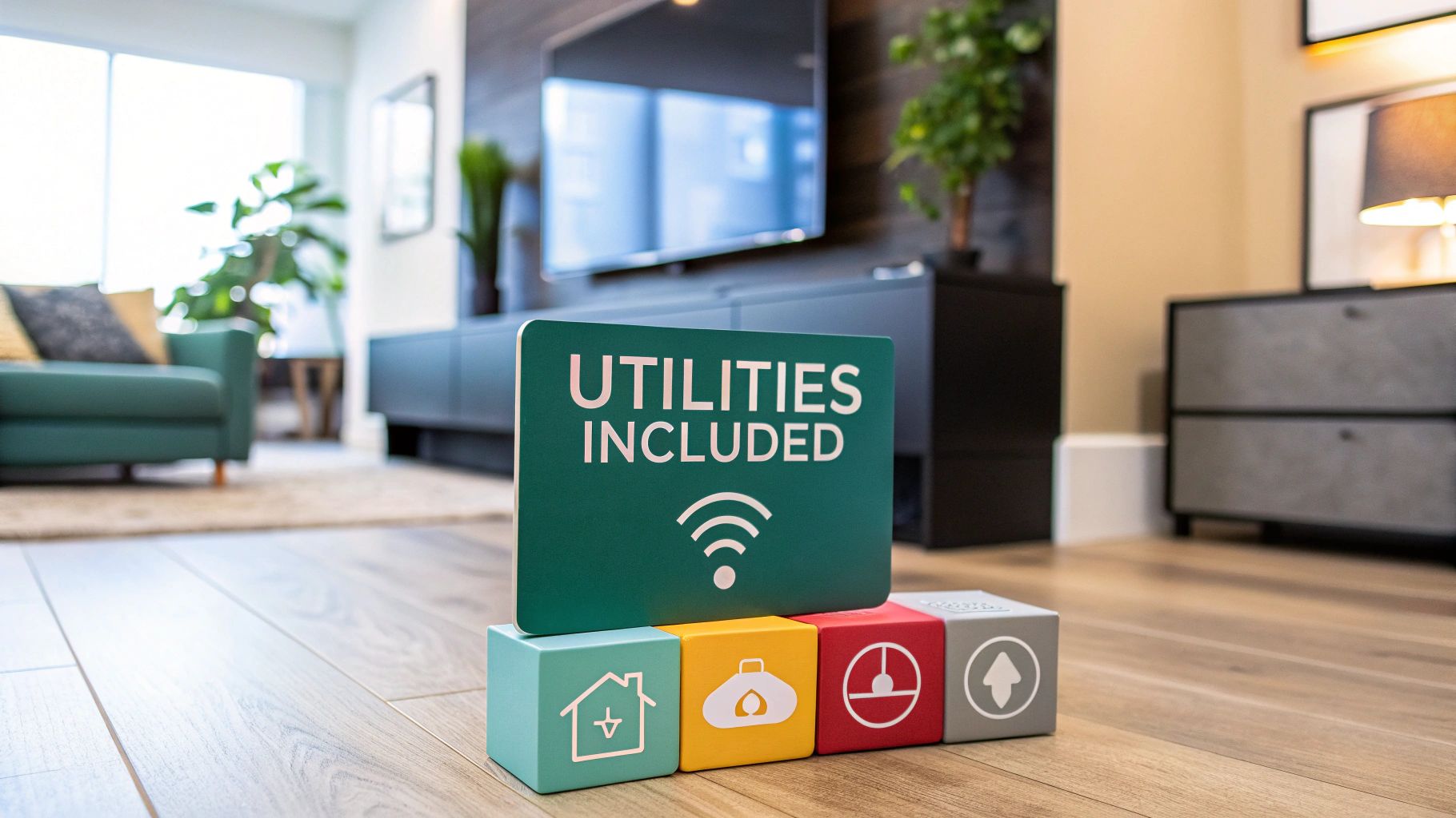 A sign reading "UTILITIES INCLUDED" sits on colorful blocks with icons for home, electricity, water, and internet in a bright, modern living room with a TV, sofa, plants, and large windows.
