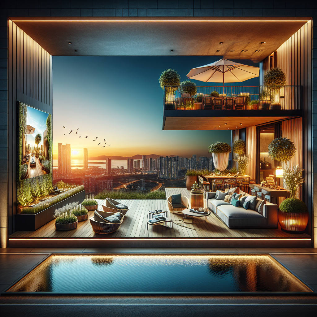 A luxurious modern balcony with stylish furniture, lush plants, a pool, and elegant lighting overlooks a city skyline at sunset, creating a serene and inviting atmosphere.