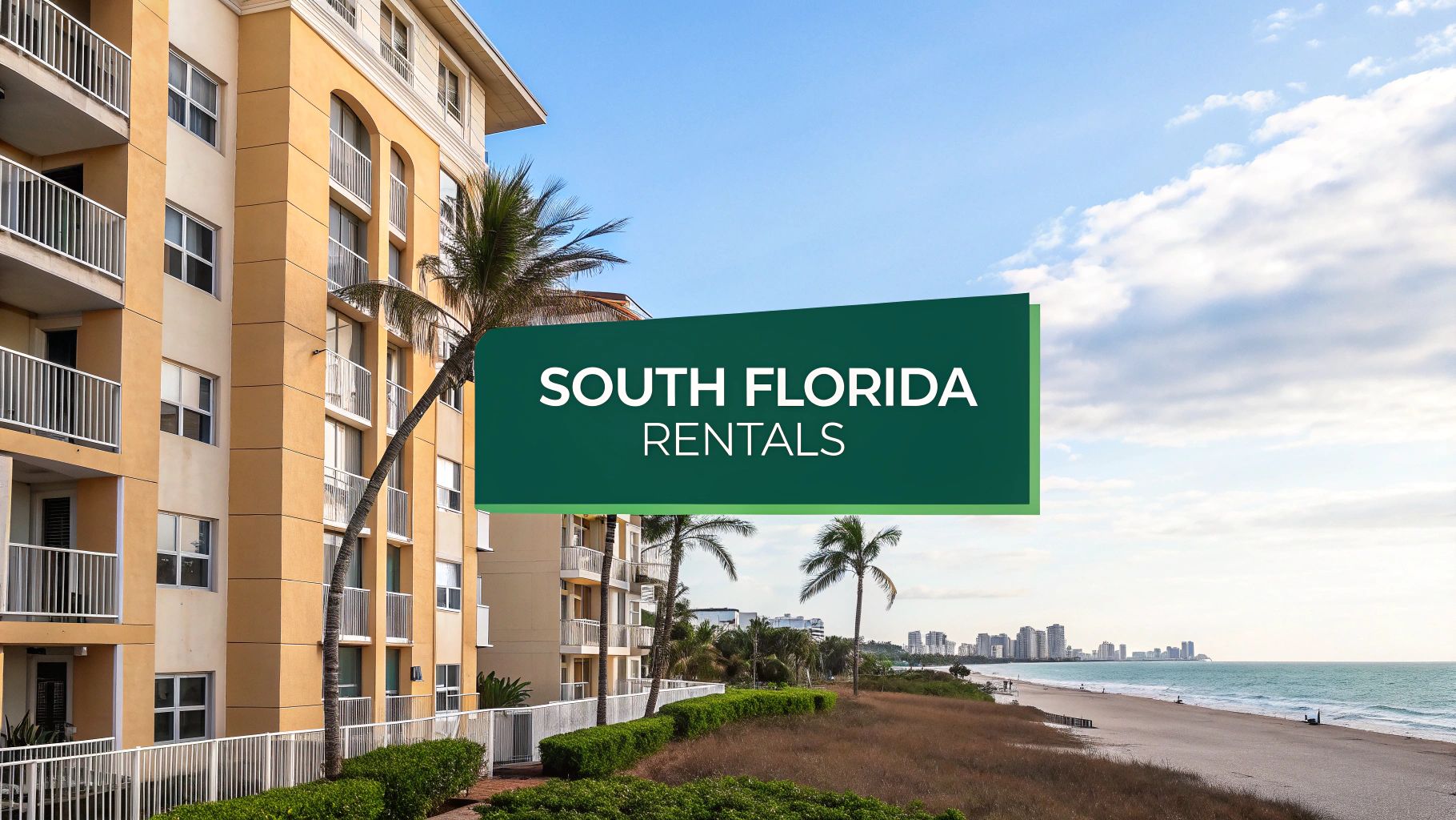 Yellow beachfront apartment building with balconies, palm trees, and ocean view under a blue sky. Text overlay reads “South Florida Rentals.” City skyline visible in the distance along the coast.