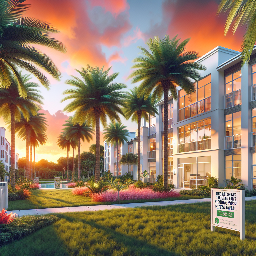 A modern apartment complex with large windows and balconies, surrounded by palm trees and manicured lawns at sunset. A sign in the grass advertises apartments for rent. The sky is vibrant with orange and pink clouds.