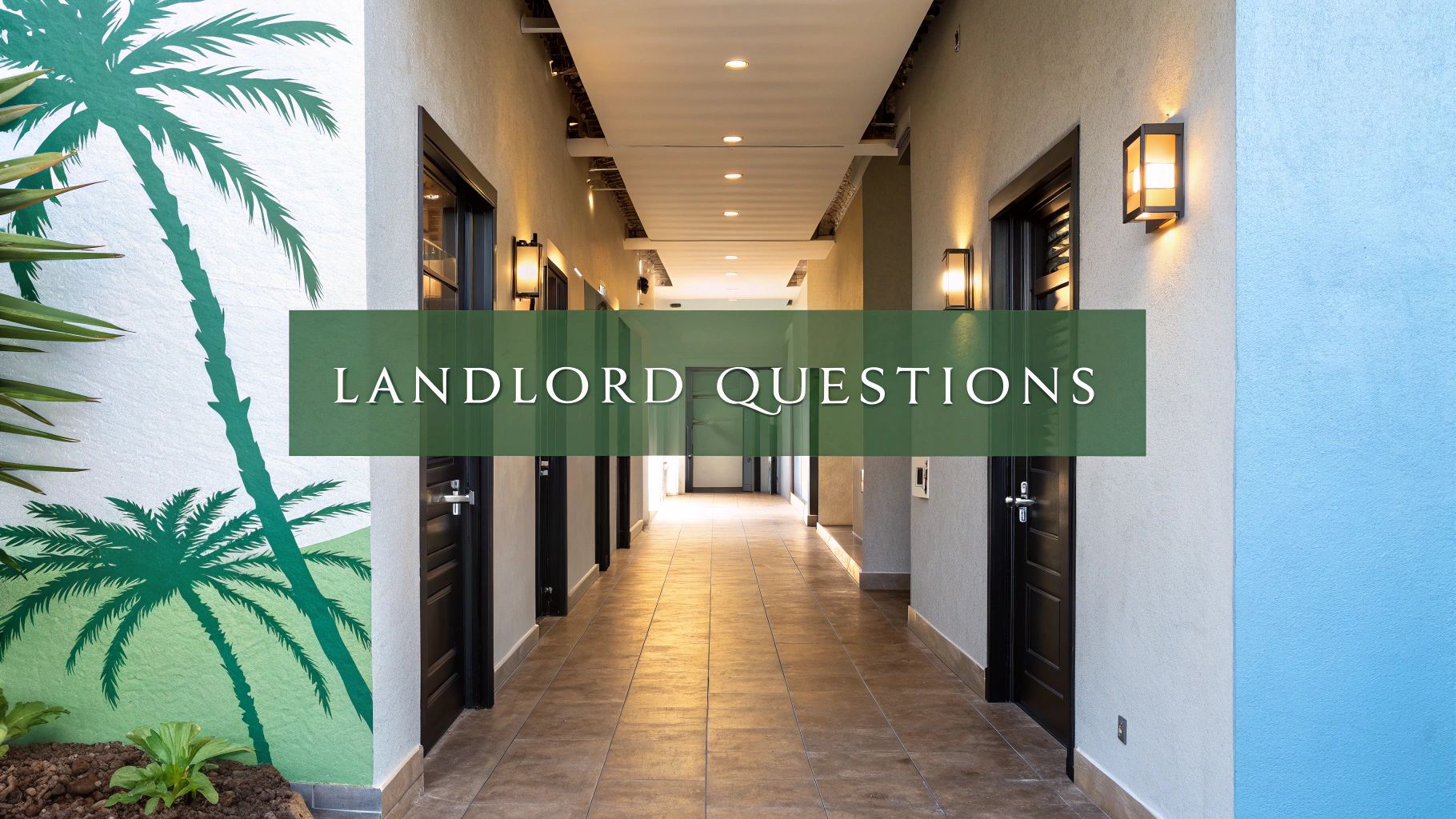 A hallway with black doors, tile flooring, and wall-mounted lights. A painted palm tree decorates the left wall. Text on a green box in the center reads “LANDLORD QUESTIONS.”.