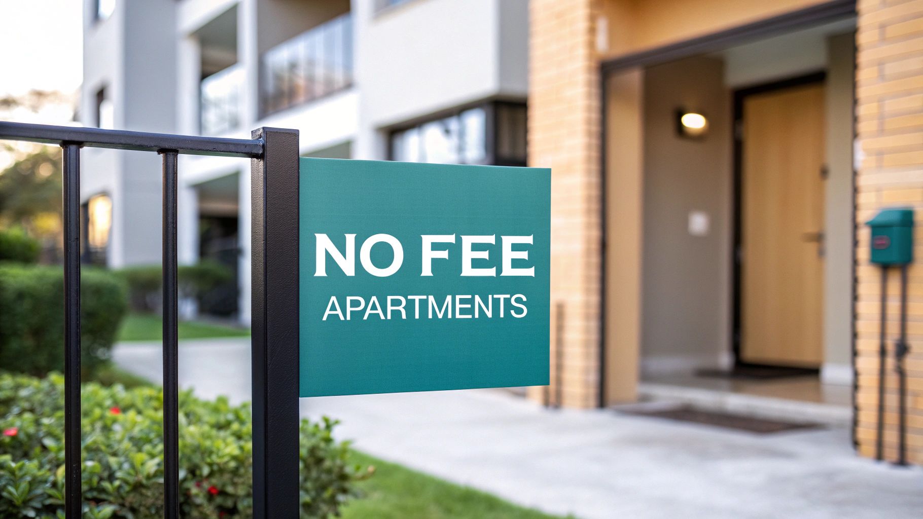 A green sign reading "NO FEE APARTMENTS" hangs on a black metal fence outside a modern apartment building with an open front door and greenery visible.