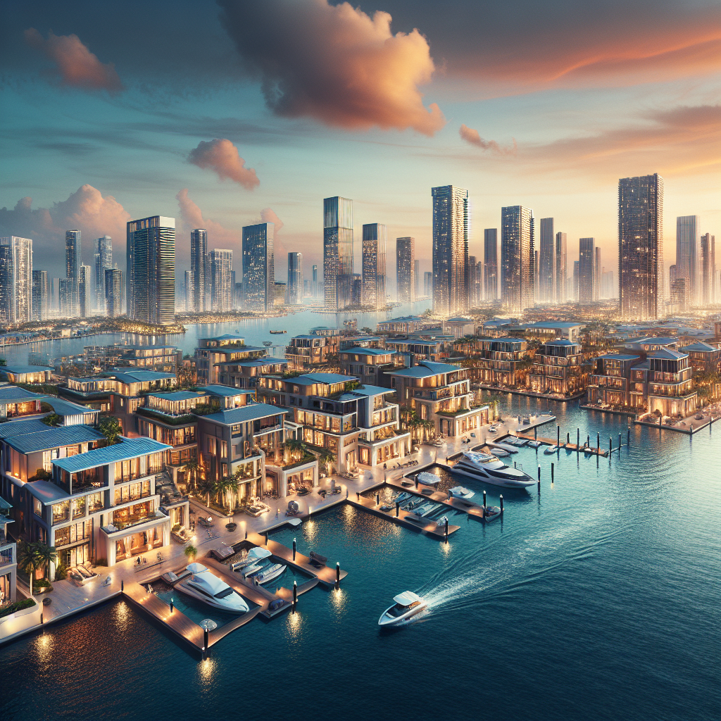 A luxurious waterfront cityscape at sunset, featuring modern villas with private docks and yachts, set against a backdrop of tall skyscrapers and calm water, with a boat sailing in the foreground.