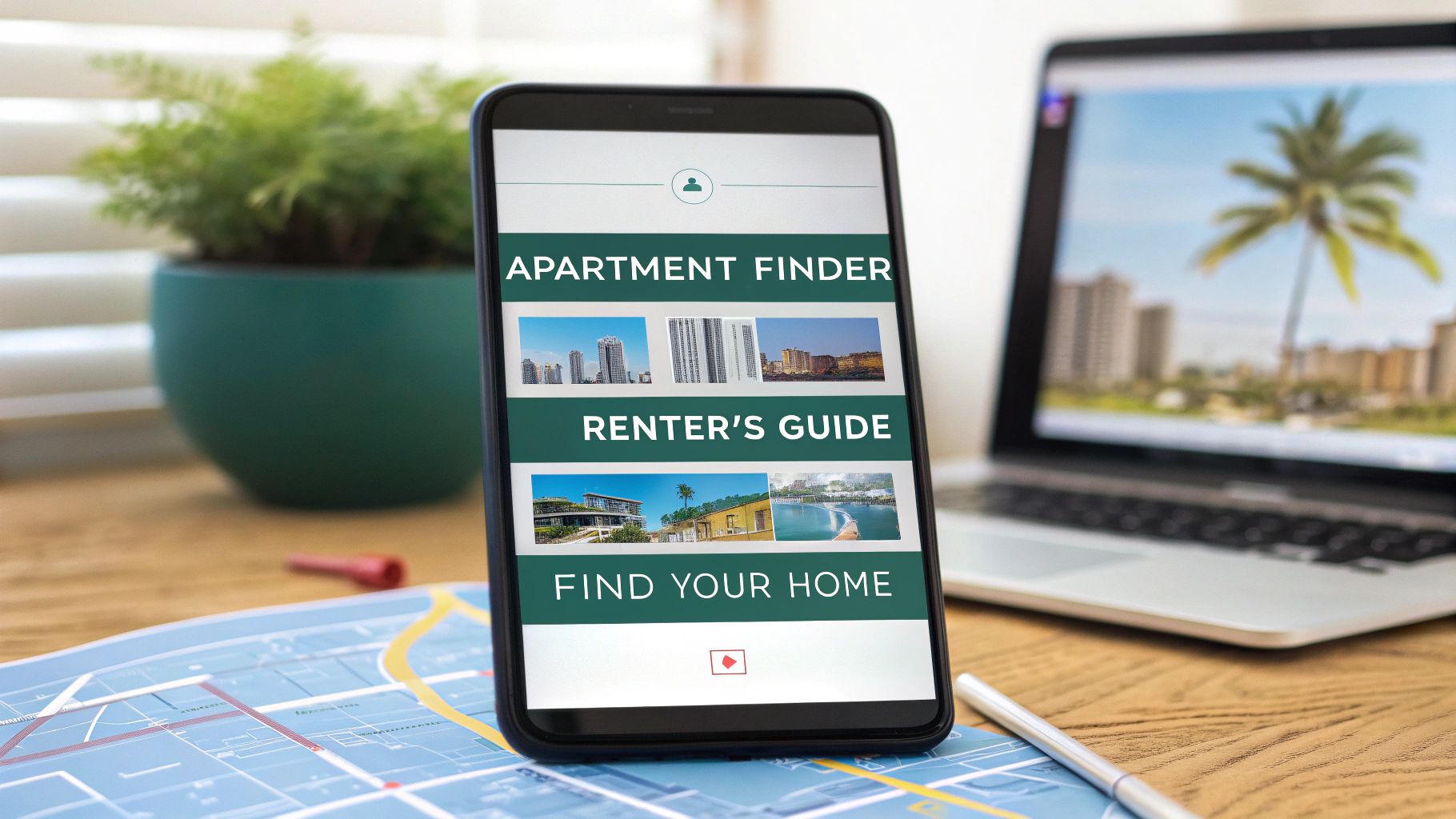 A smartphone displaying an apartment finder app sits on a table next to a pen, a map, a potted plant, and an open laptop showing a tropical scene with palm trees and buildings.