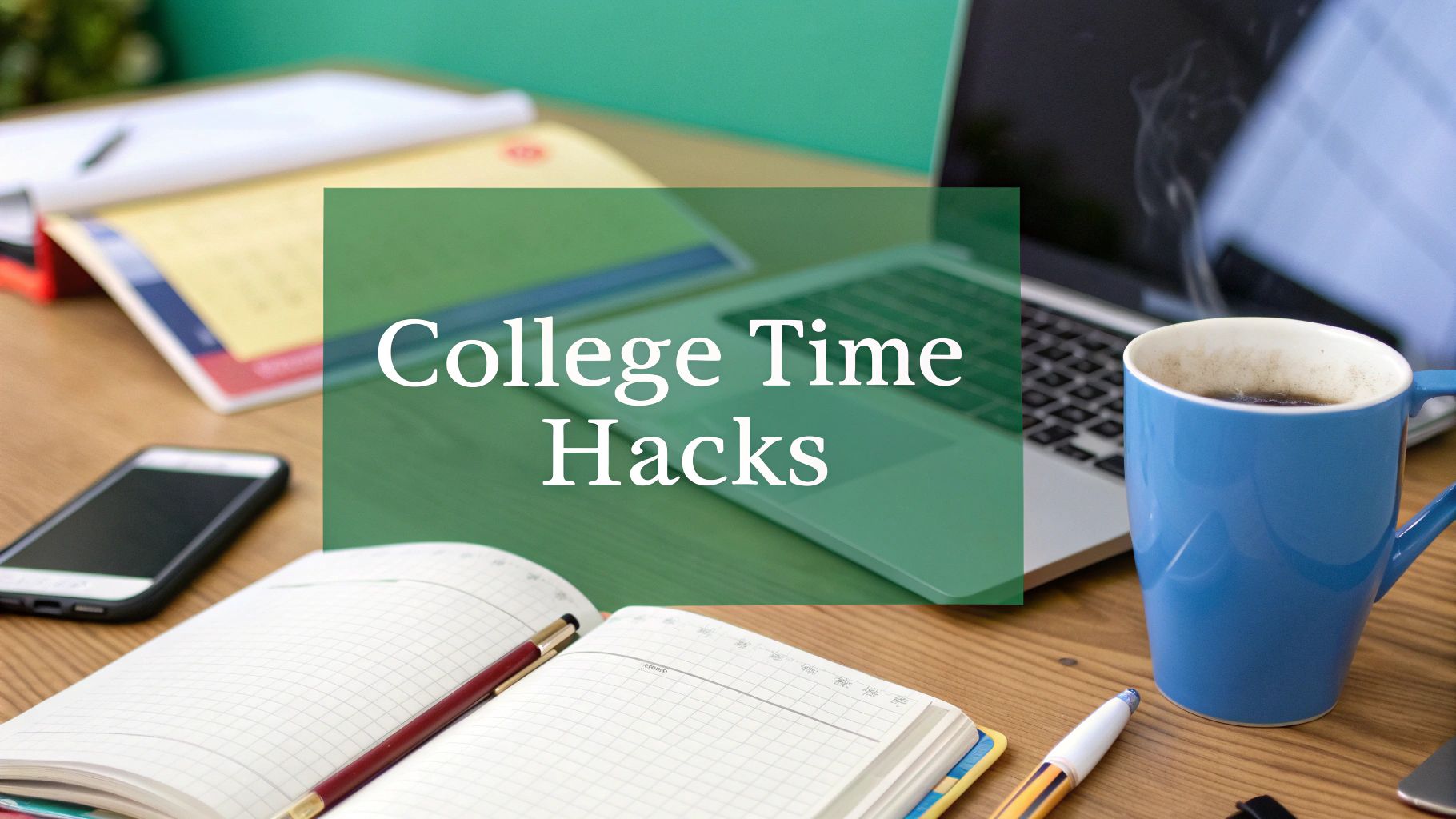 A desk with a laptop, open notebook, pen, smartphone, calendar, and a blue coffee mug. Text overlay reads "College Time Hacks.