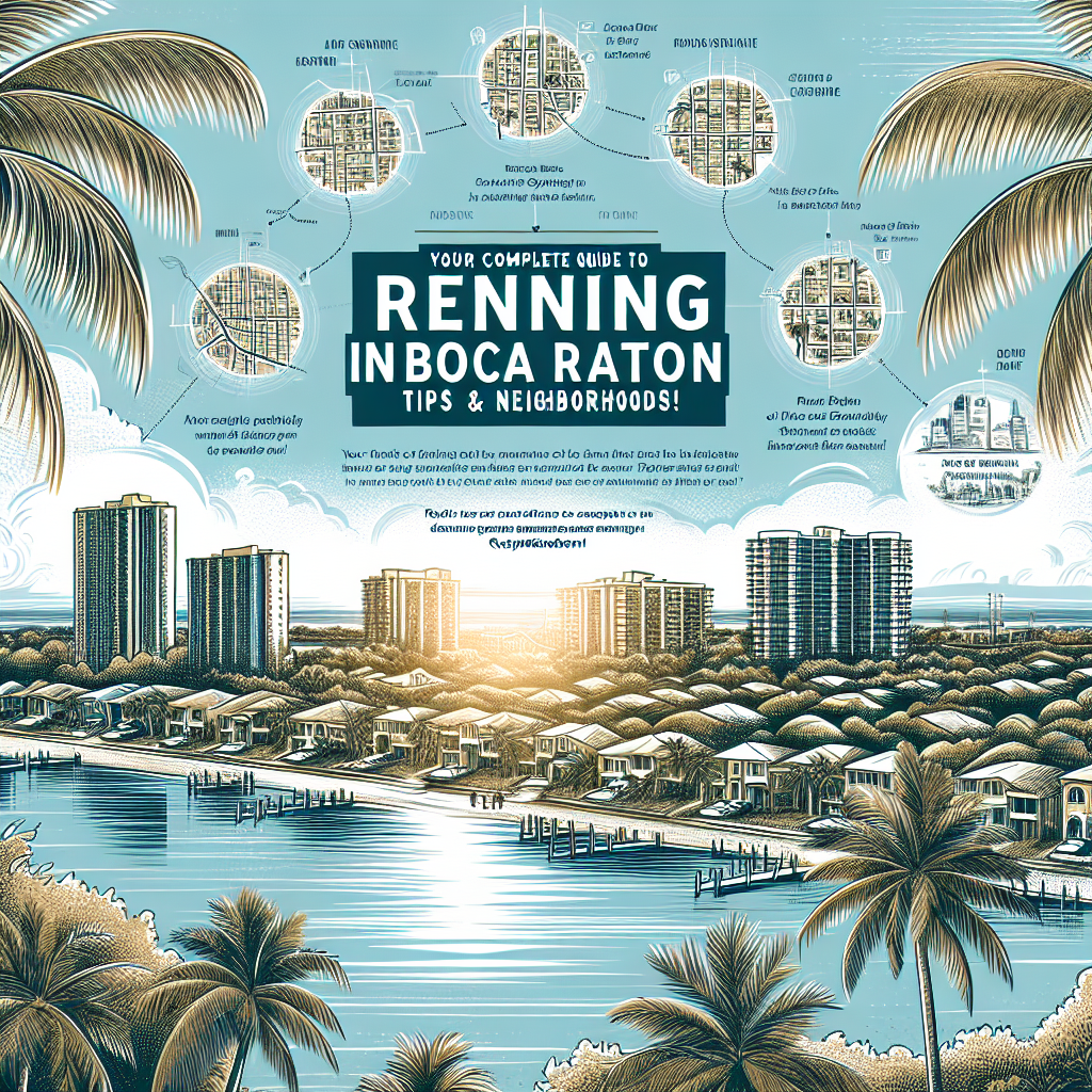Illustrated guide to renting in Boca Raton, featuring waterfront homes, high-rise buildings, palm trees, and labeled maps of neighborhoods with rental tips. Blue, beige, and green tones create a tropical, inviting atmosphere.