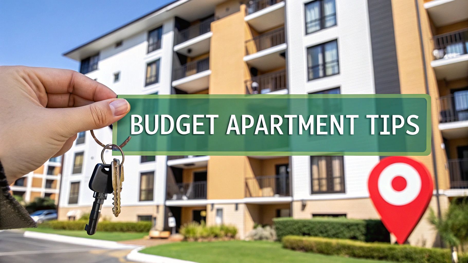 A hand holds keys in front of a modern apartment building, with the text "BUDGET APARTMENT TIPS" and a large red map location pin on the lawn.