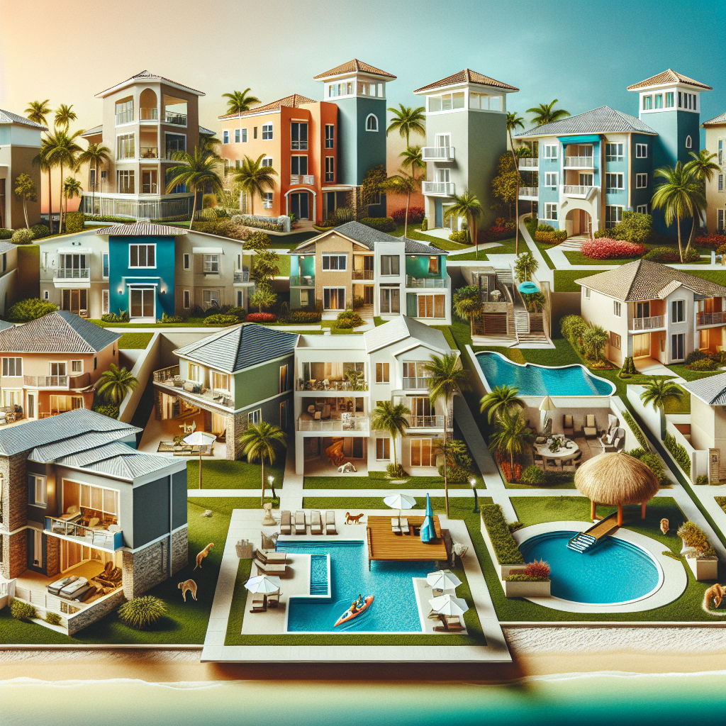 A vibrant illustration of luxurious beachfront villas with pools, palm trees, and colorful facades, arranged on a sloped landscape leading to the water’s edge on a sunny day.