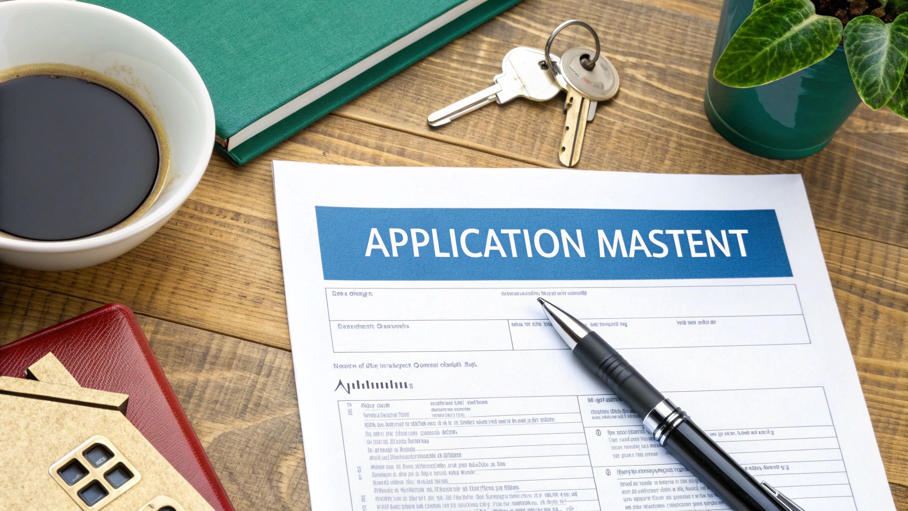 A close-up of an application form labeled "APPLICATION MASTEN" on a wooden desk, with a pen, cup of coffee, keys, a plant, and a notebook nearby.