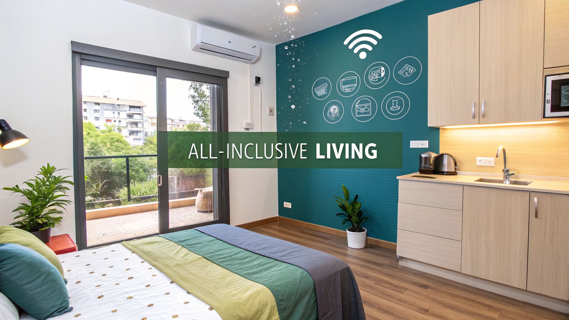 Modern studio apartment with a bed, plants, kitchenette, and large window leading to a balcony. "All-Inclusive Living" text is on the wall, with icons for Wi-Fi, laundry, cleaning, security, and utilities.