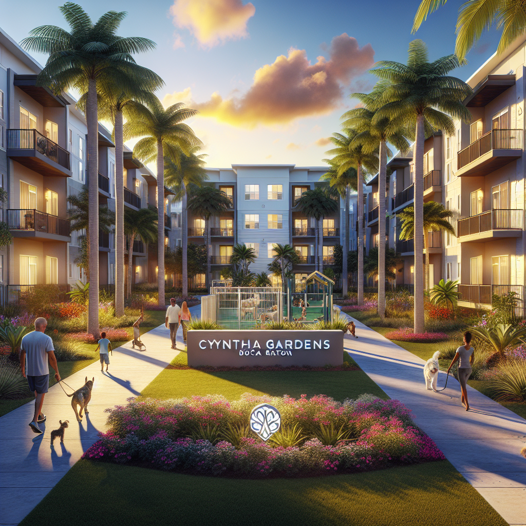 People walk dogs and stroll near a playground surrounded by lush gardens and palm trees in the courtyard of modern apartments. A sign reads “Cynthia Gardens Boca Raton,” with sunlight casting a warm, inviting glow.