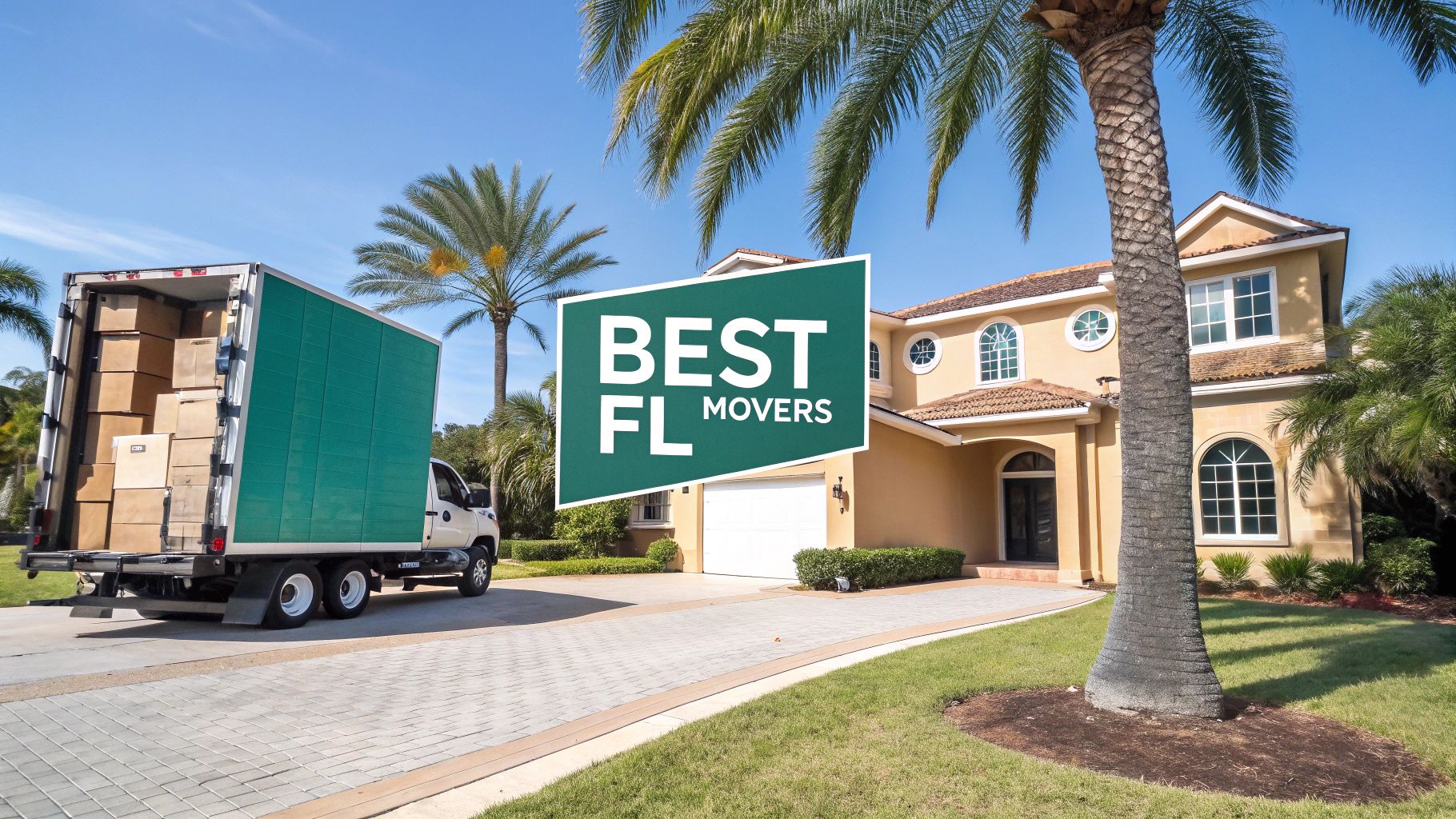 A moving truck with boxes is parked in the driveway of a large, modern house surrounded by palm trees. A sign in the foreground reads "BEST FL MOVERS.