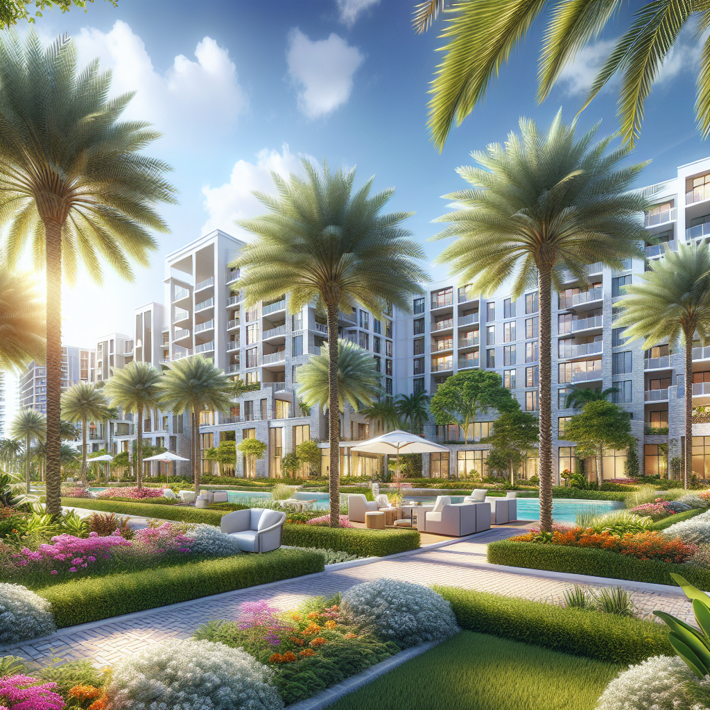 A modern luxury apartment complex with tall buildings, lush gardens, palm trees, colorful flower beds, and outdoor lounge areas under a bright, sunny sky.