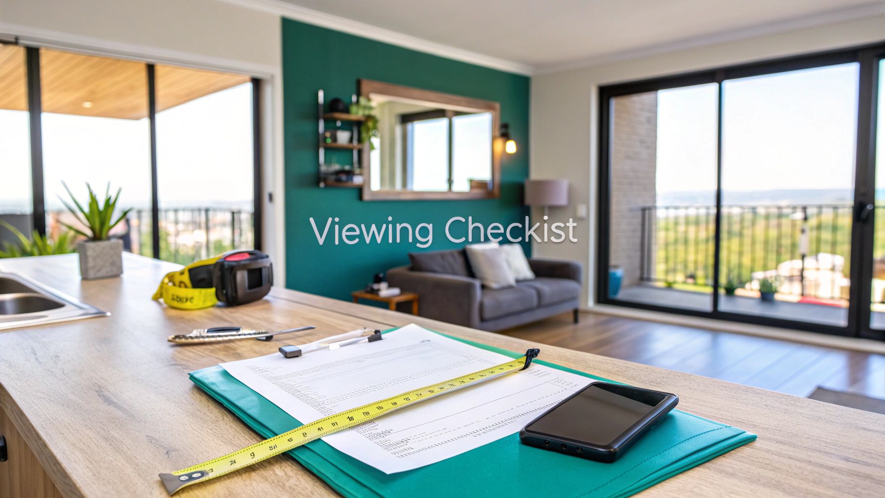A modern, bright living room with large windows and a balcony. On the kitchen counter in the foreground are a clipboard, tape measure, pen, phone, and keys. Text on the image reads "Viewing Checklist.