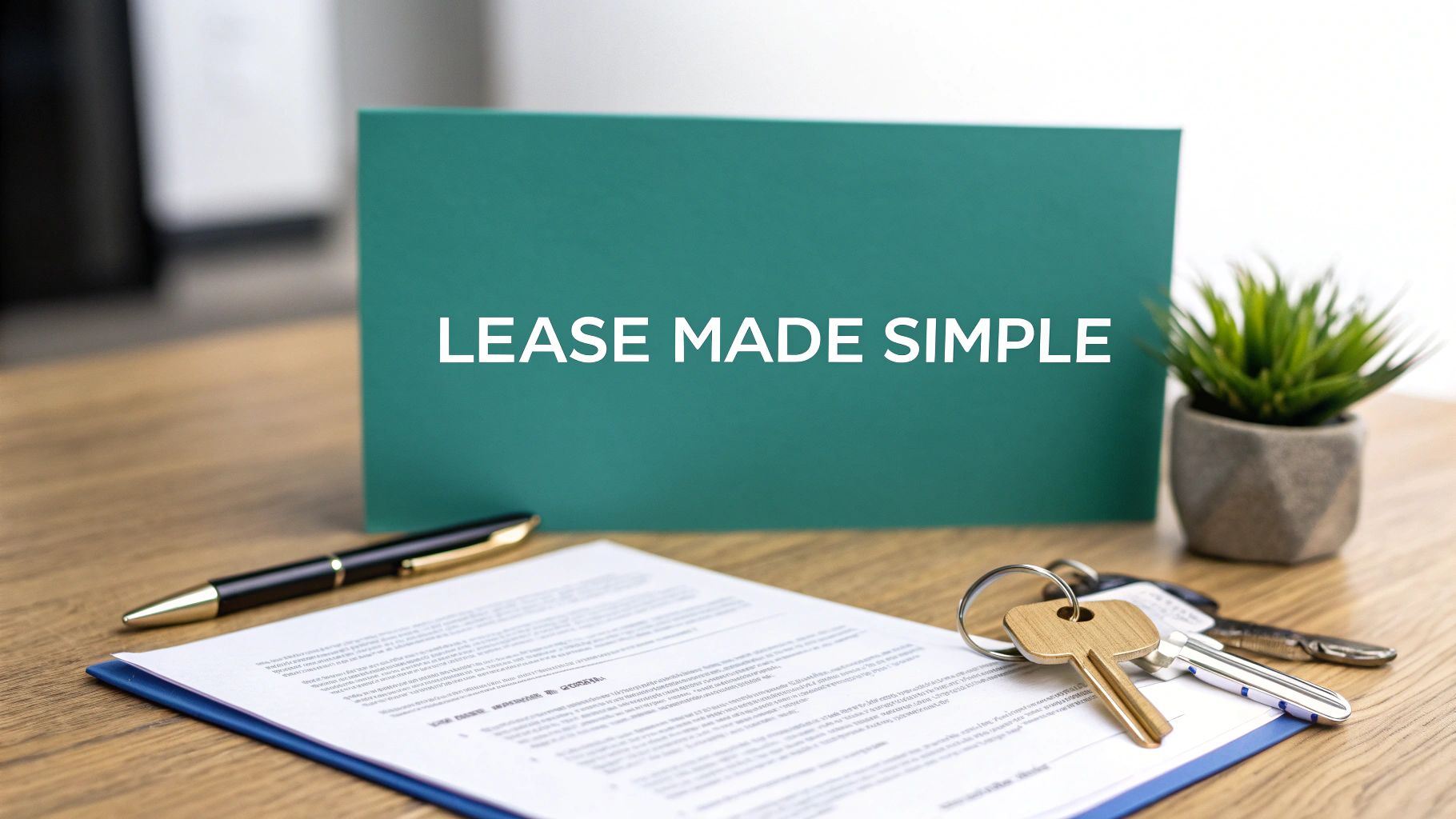 A sign reading "LEASE MADE SIMPLE" is on a desk with a pen, keys with a wooden keychain, a clipboard holding papers, and a small potted plant, conveying a straightforward leasing process.