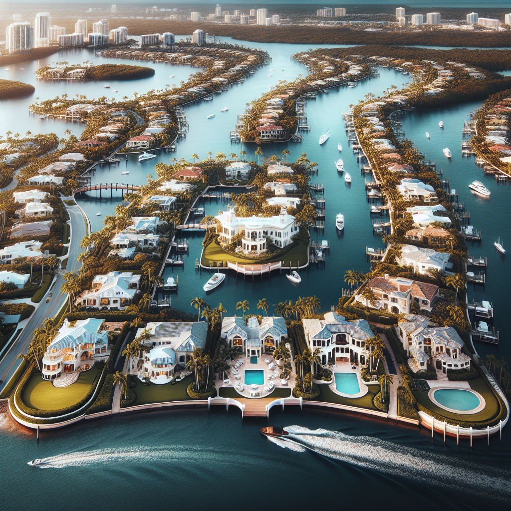 Aerial view of luxury waterfront homes with pools, lush landscaping, and private docks along winding canals, with boats in the water and a city skyline in the distance under a clear sky.