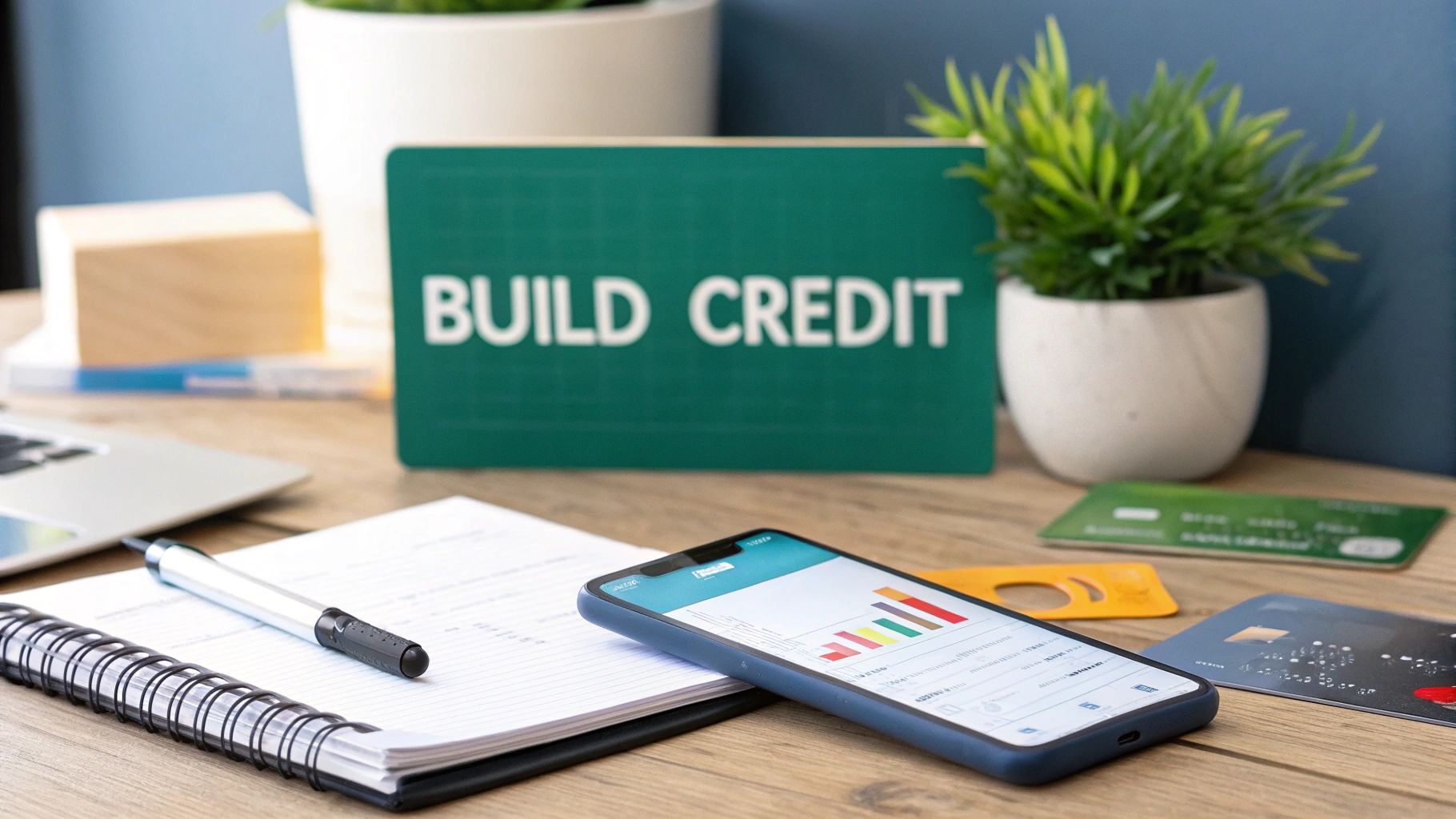 A desk with a notebook, pen, smartphone showing a graph, credit cards, and a small plant. A sign in the background reads "BUILD CREDIT.