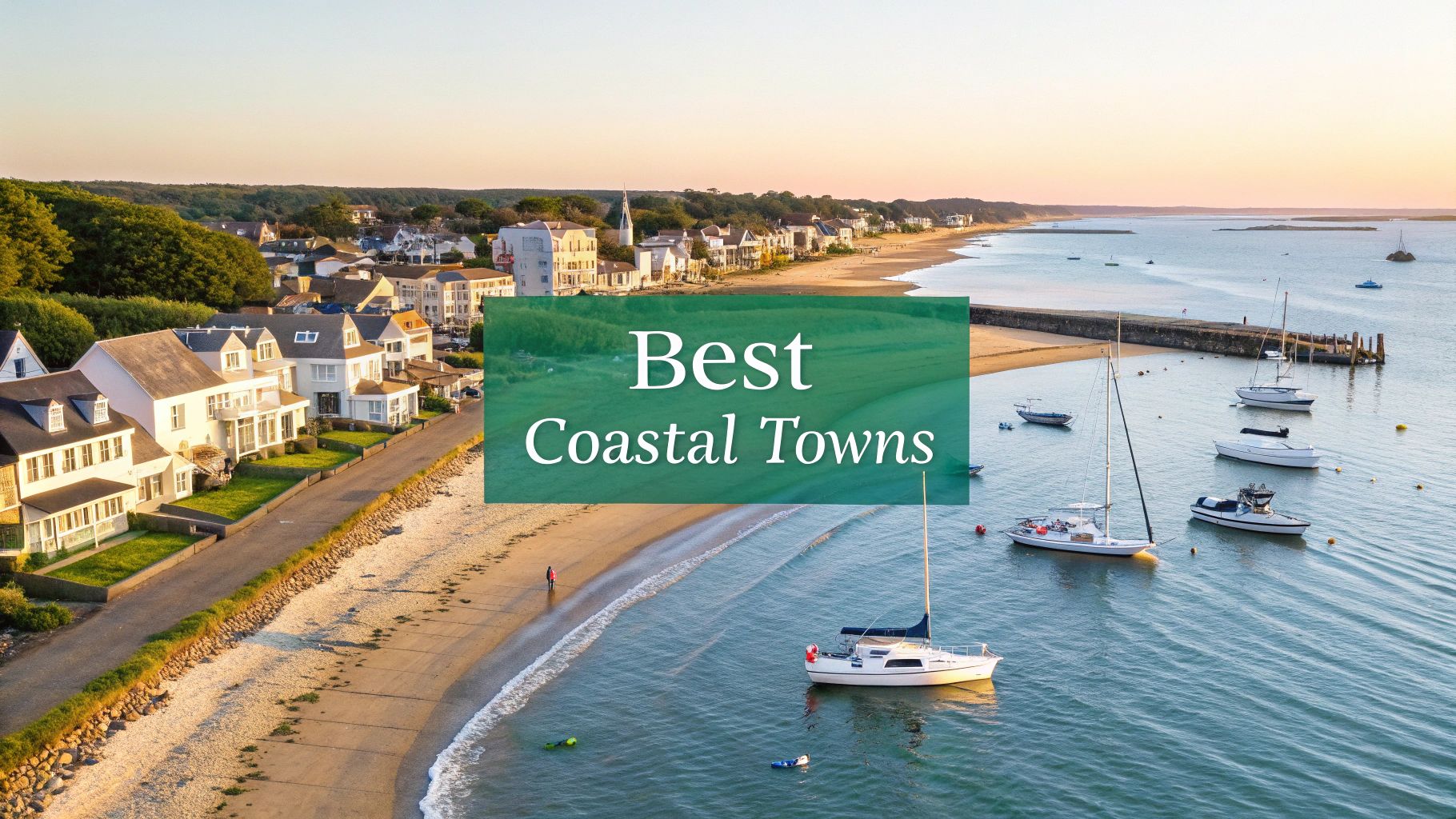 Aerial view of a scenic coastal town with houses along the shoreline, boats anchored in calm water, and a sandy beach at sunset. Text overlay reads “Best Coastal Towns.”.