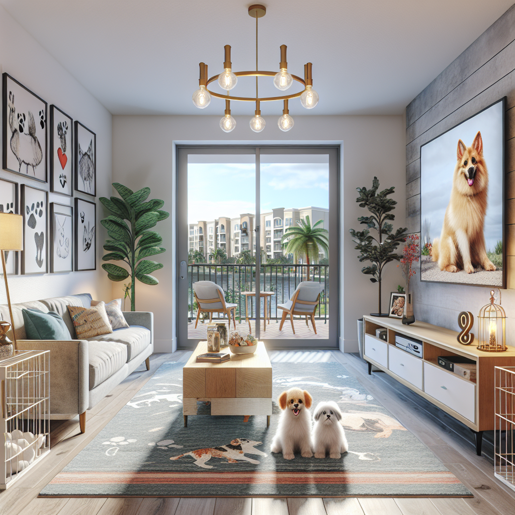 A bright living room with dog-themed decor, two small dogs on a rug, modern furniture, indoor plants, large window showing a balcony and apartment buildings, and a dog portrait on the wall.
